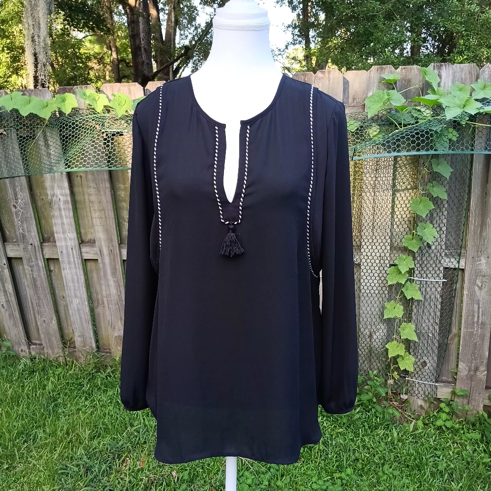 J. Crew Split Neck Tassel Trim Popover Black Long Sleeves Size 4 Women Shirt